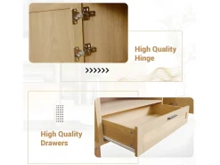 Mueble TV 180cm decorado con ratán - 2 puertas y 1 cajón - patas de madera maciza - Natural