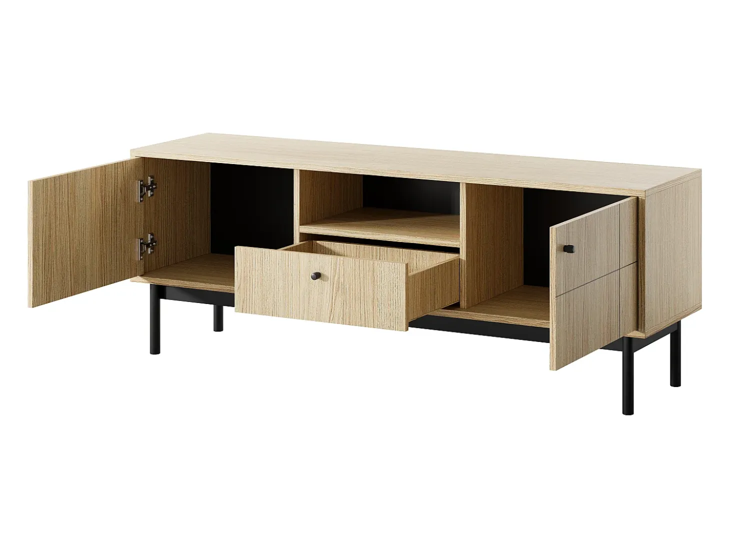 Mueble TV: Color Roble Linea, patas negras, 153,5 x 56,5 x 39 cm