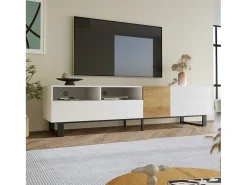 Mueble TV con 2 cajones y 2 puertas - patas de metal - color blanco y madera