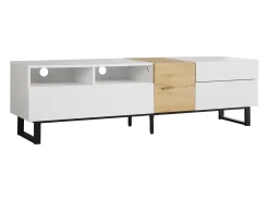Mueble TV con 2 cajones y 2 puertas - patas de metal - color blanco y madera