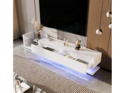 Mueble TV con 2 cajones y estantes de cristal - 170 x 36 x 38 cm - LED - Tablero de partículas - Blanco