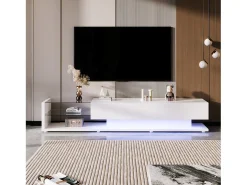 Mueble TV con 2 cajones y estantes de cristal - 170 x 36 x 38 cm - LED - Tablero de partículas - Blanco