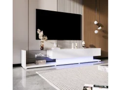 Mueble TV con 2 cajones y estantes de cristal - 170 x 36 x 38 cm - LED - Tablero de partículas - Blanco