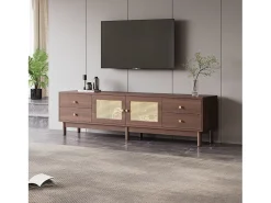 Mueble TV con 4 cajones y 2 puertas de ratán - 180 x 35 x 44 cm - Tablero de partículas - Marrón