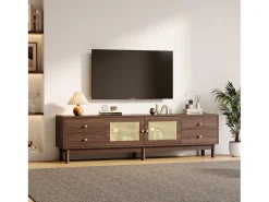 Mueble TV con 4 cajones y 2 puertas de ratán - 180 x 35 x 44 cm - Tablero de partículas - Marrón