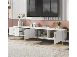 Mueble TV con 2 puertas, 2 cajones y 3 nichos, cuerpo blanco, patas de metal dorado