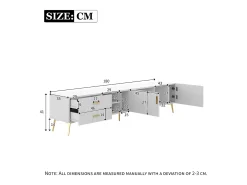 Mueble TV con 2 puertas, 2 cajones y 3 nichos, cuerpo blanco, patas de metal dorado