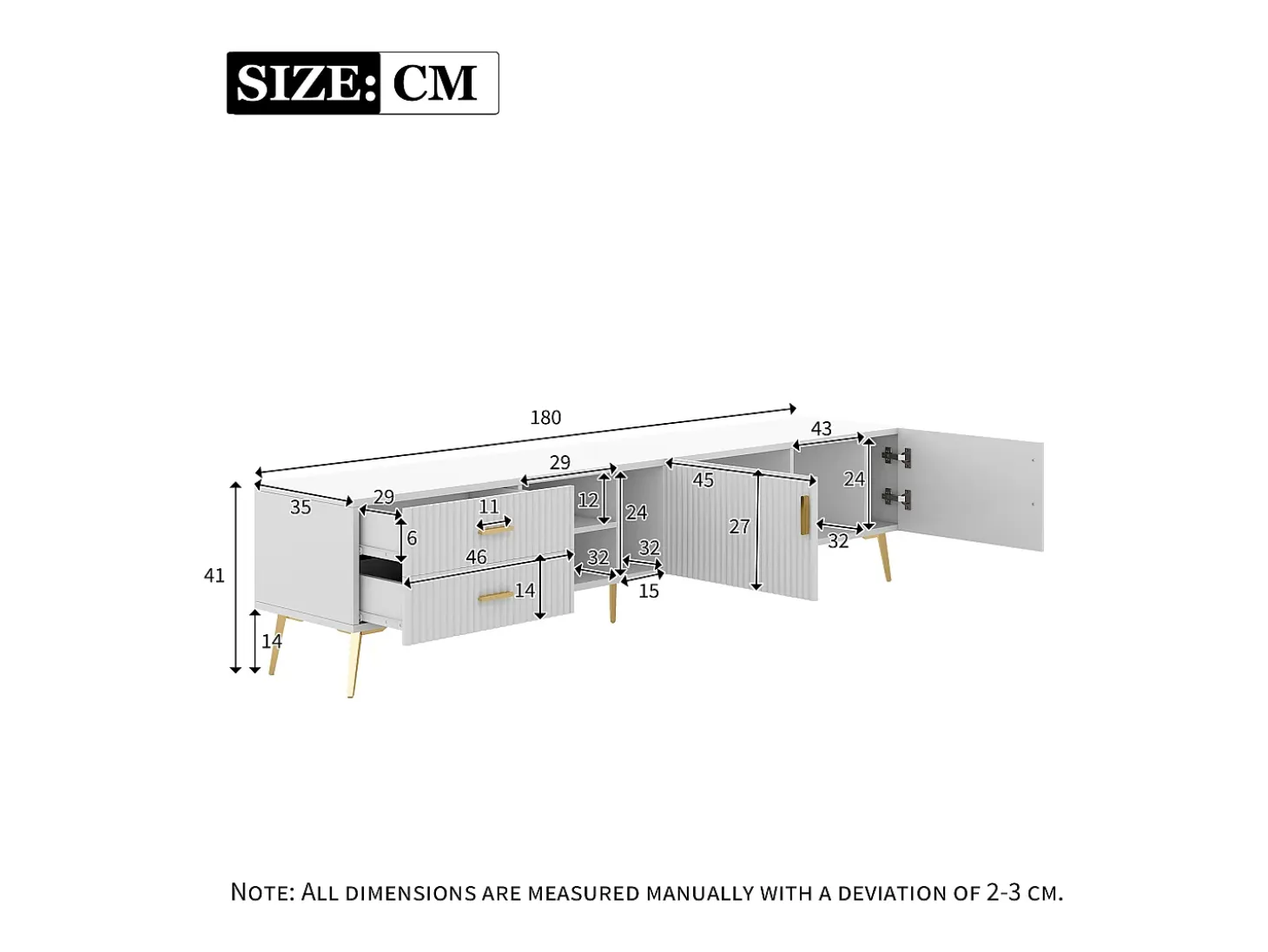 Mueble TV con 2 puertas, 2 cajones y 3 nichos, cuerpo blanco, patas de metal dorado