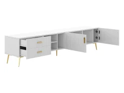 Mueble TV con 2 puertas, 2 cajones y 3 nichos, cuerpo blanco, patas de metal dorado