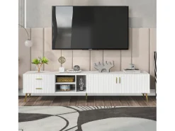 Mueble TV con 2 puertas, 2 cajones y 3 nichos, cuerpo blanco, patas de metal dorado