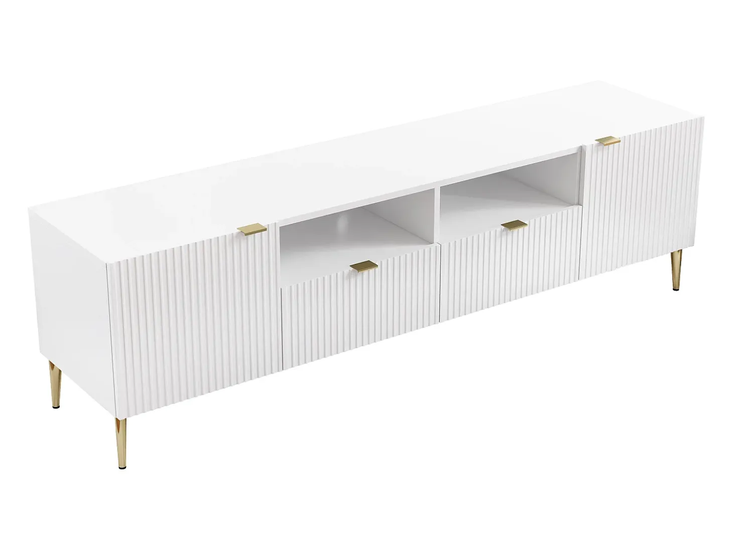 Mueble TV con 2 puertas, 2 cajones y 2 estantes de MDF y acero - Blanco y dorado - YESINIA