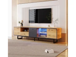 Mueble TV con 3 puertas, 1 cajón y 3 nichos - LED - Tableros de partículas y patas de metal - Roble