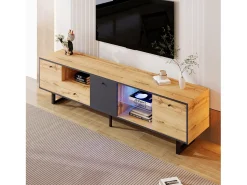 Mueble TV con 3 puertas, 1 cajón y 3 nichos - LED - Tableros de partículas y patas de metal - Roble