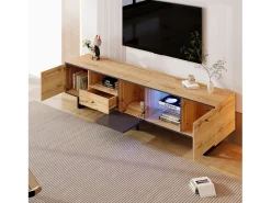 Mueble TV con 3 puertas, 1 cajón y 3 nichos - LED - Tableros de partículas y patas de metal - Roble