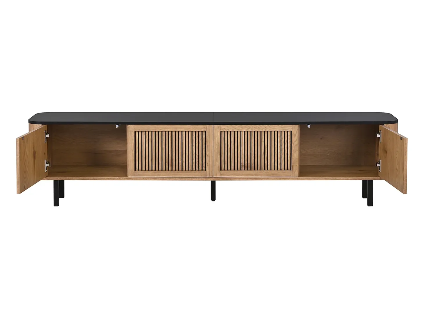 Mueble TV con 4 puertas, 190 x 35 x 45 cm - Tapa negra - Color madera clara