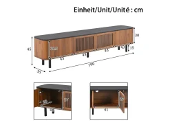 Mueble TV con 4 puertas, 190 x 35 x 45 cm - Tapa negra - Color madera oscura