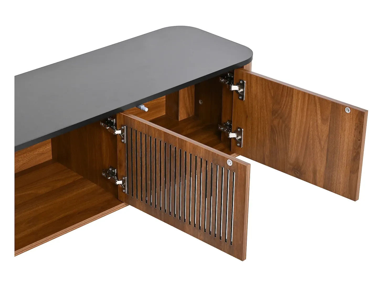 Mueble TV con 4 puertas, 190 x 35 x 45 cm - Tapa negra - Color madera oscura