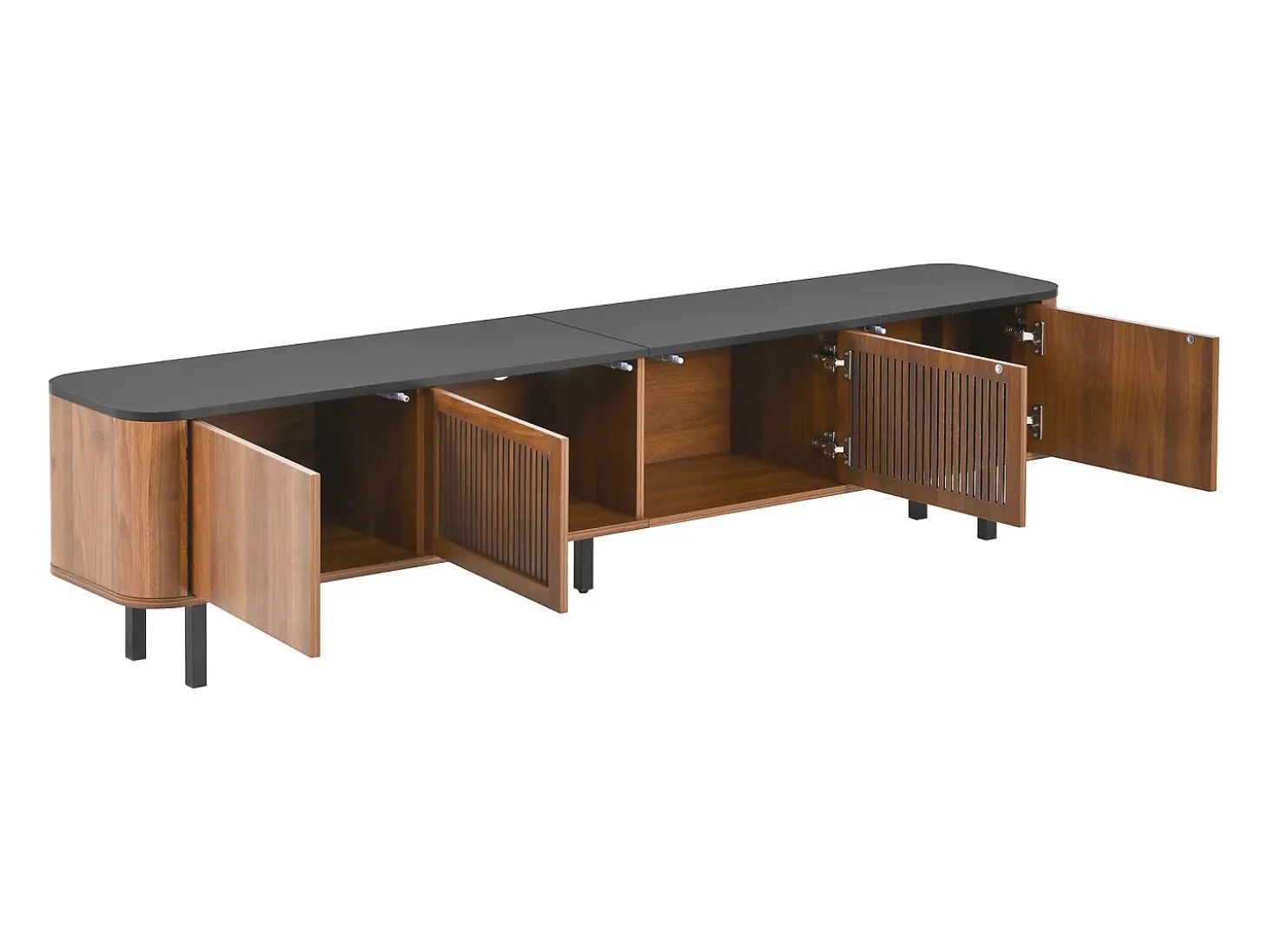 Mueble TV con 4 puertas, 190 x 35 x 45 cm - Tapa negra - Color madera oscura