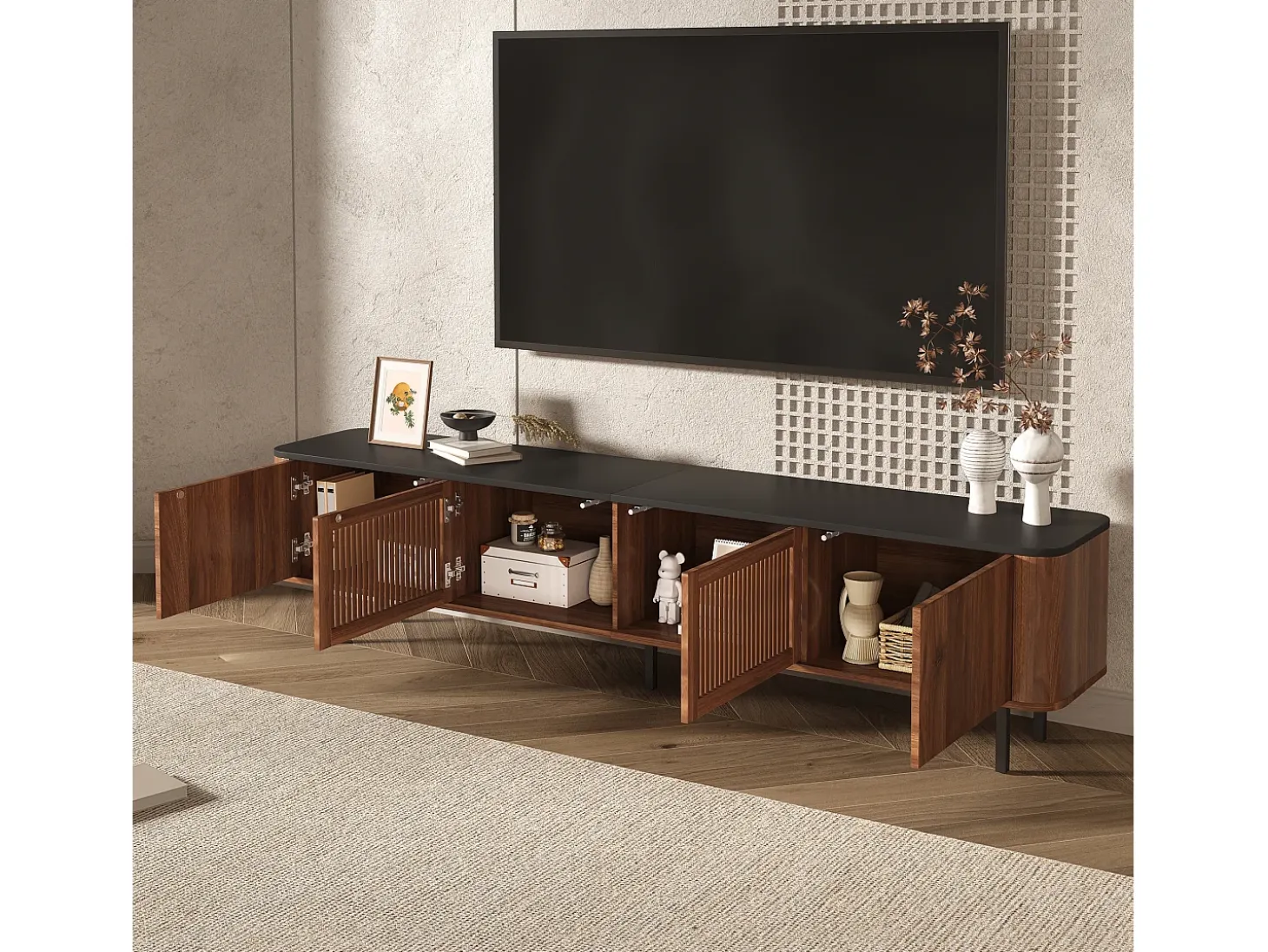 Mueble TV con 4 puertas, 190 x 35 x 45 cm - Tapa negra - Color madera oscura