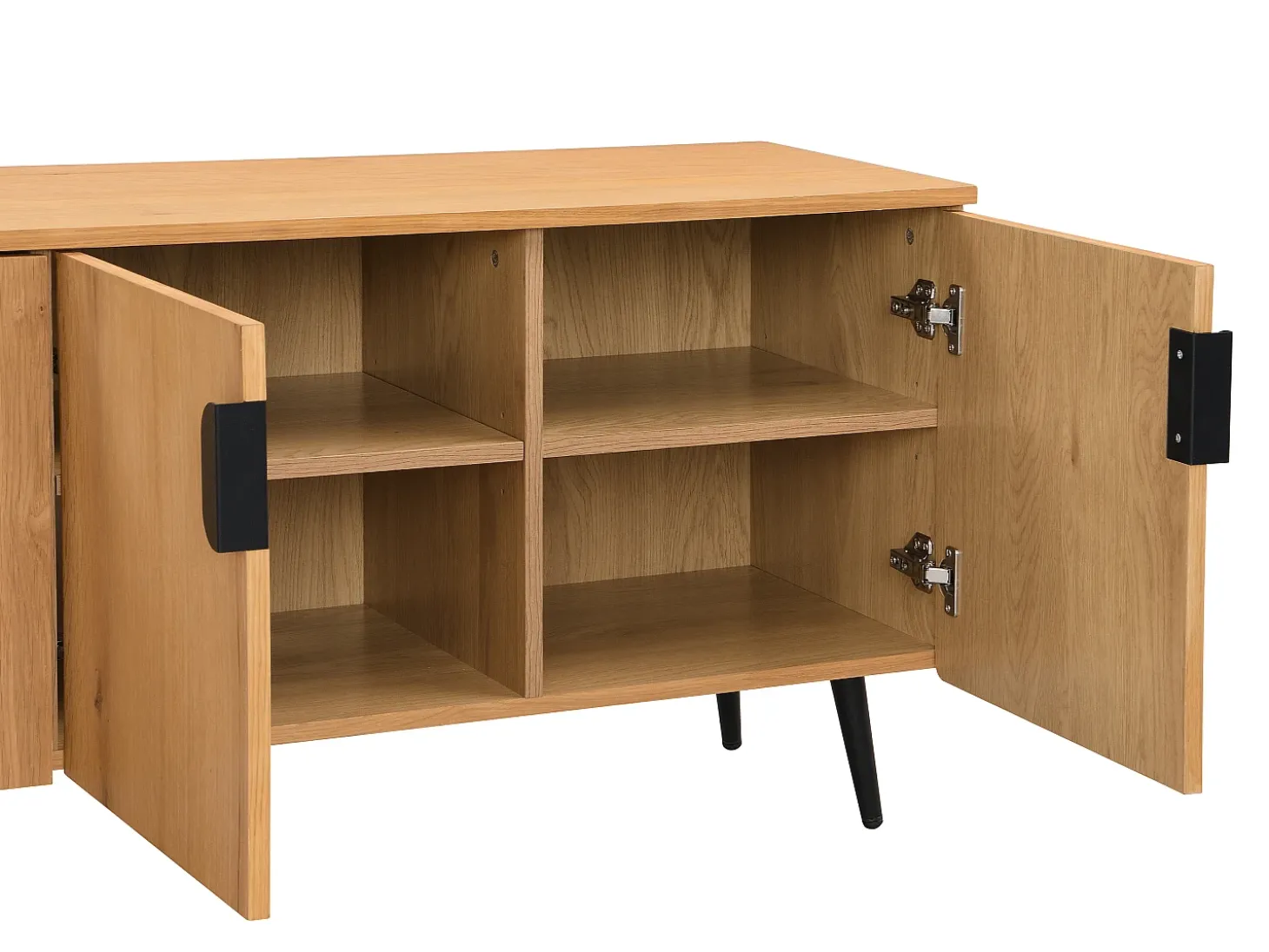 Mueble TV con 4 puertas chapado en roble y acero - Natural claro y Negro - SINOLO