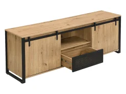 Mueble TV con 2 puertas correderas, 1 cajón y 1 hueco en MDF y metal negro - Natural - BELINARO