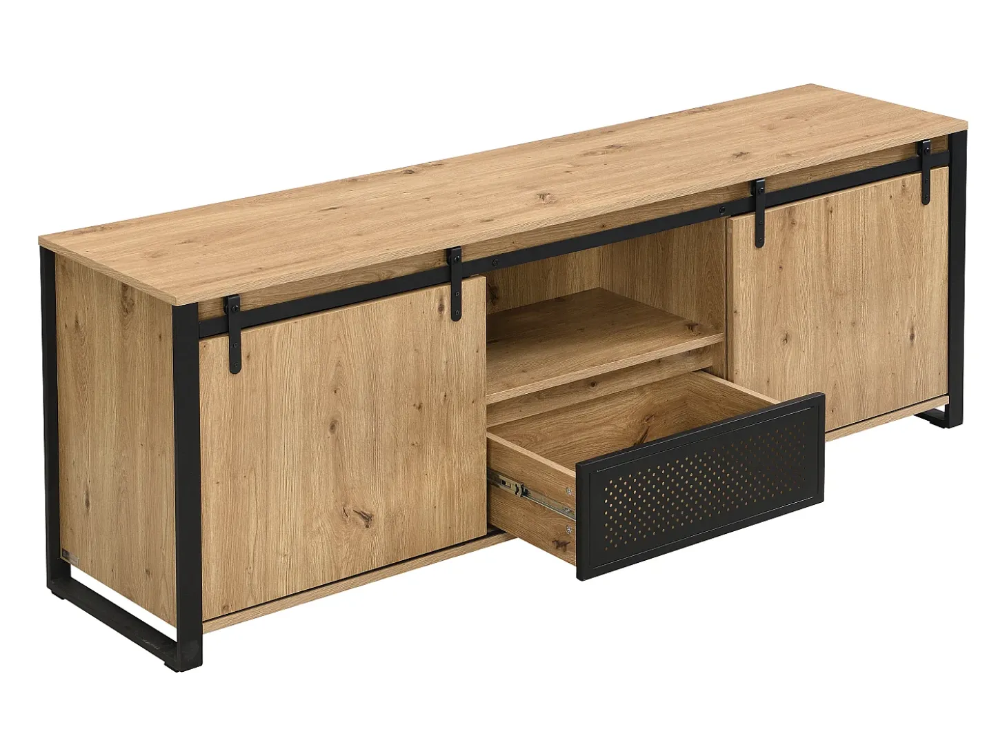 Mueble TV con 2 puertas correderas, 1 cajón y 1 hueco en MDF y metal negro - Natural - BELINARO