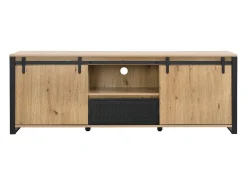 Mueble TV con 2 puertas correderas, 1 cajón y 1 hueco en MDF y metal negro - Natural - BELINARO