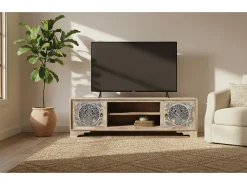 Mueble tv con 2 puertas y 2 huecos fabricado con madera de mango