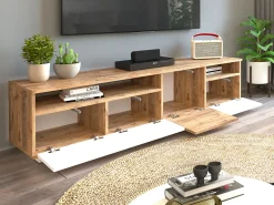 Mueble TV con 4 puertas y 2 estantes - Natural claro y blanco - CEDONA