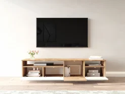 Mueble TV con 4 puertas y 2 estantes - Natural claro y blanco - CEDONA