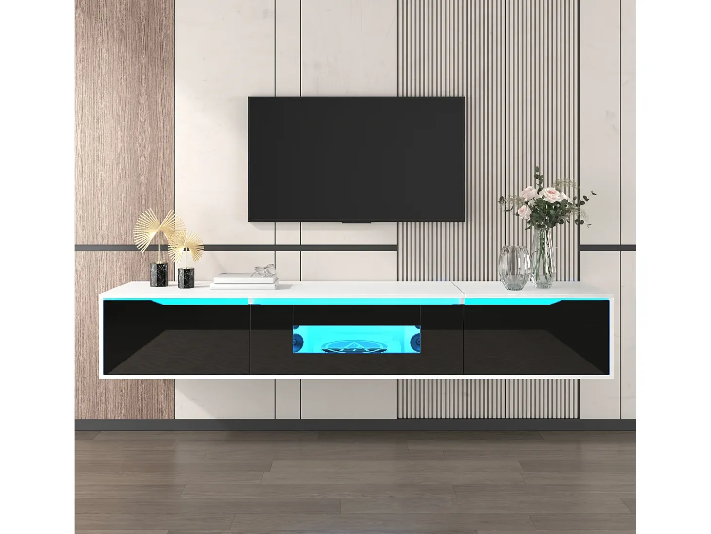 Mueble TV con 3 puertas y LED, mueble TV de pared, lacado en blanco y negro
