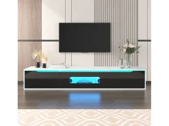 Mueble TV con 3 puertas y LED, mueble TV de pared, lacado en blanco y negro