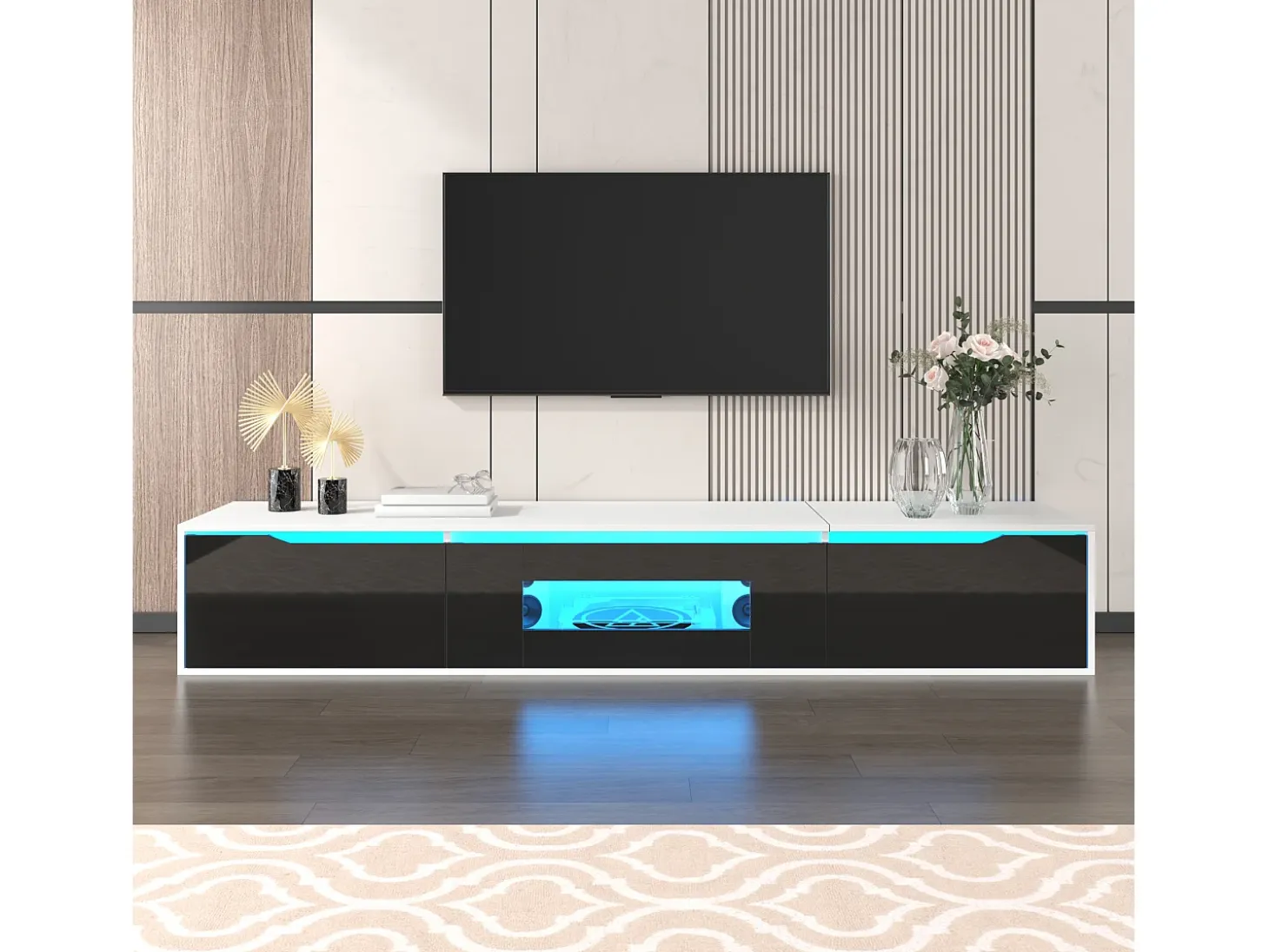 Mueble TV con 3 puertas y LED, mueble TV de pared, lacado en blanco y negro