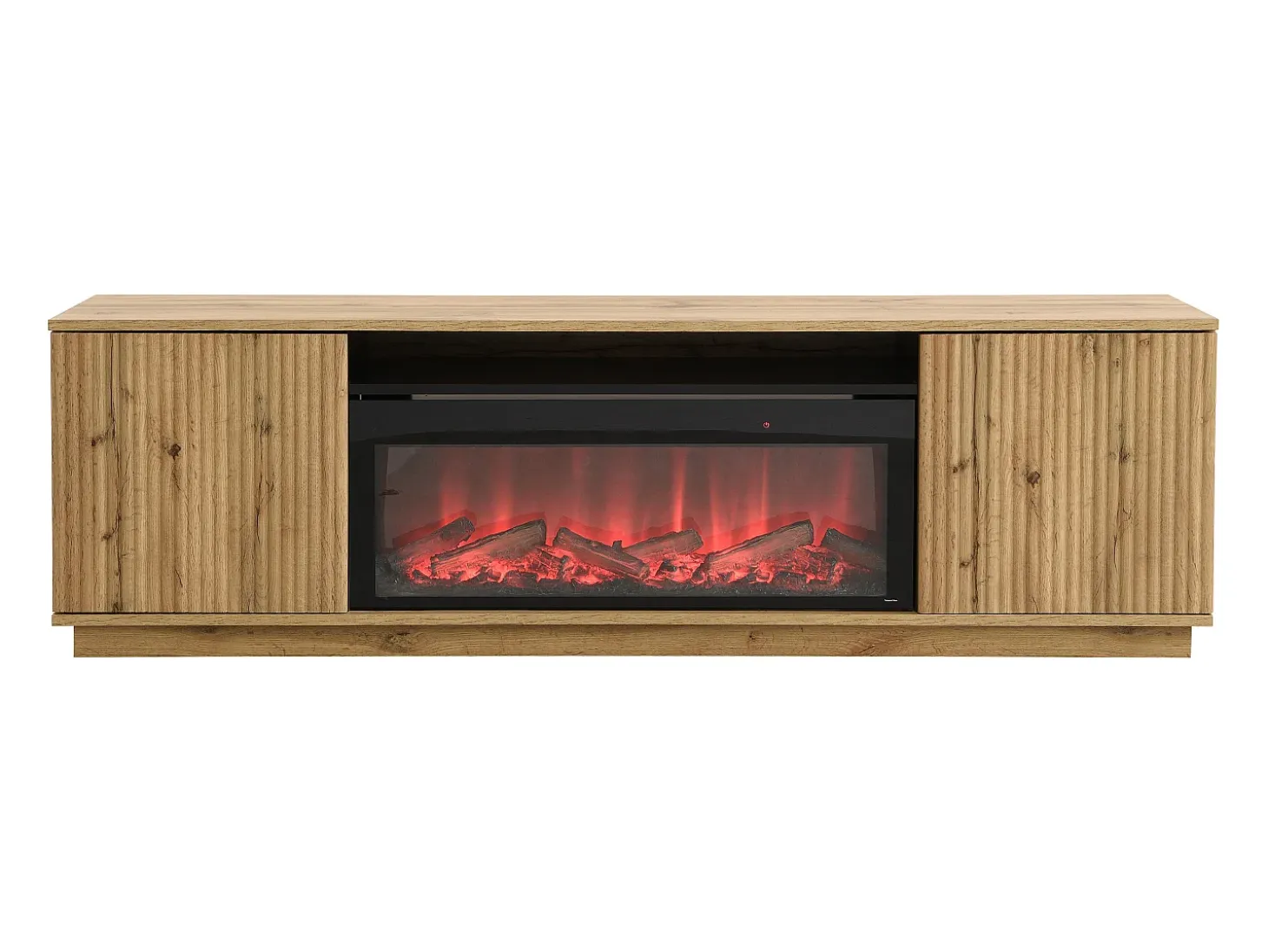 Mueble TV con 2 puertas y efecto chimenea LED en MDF - Natural y Negro - YEVINA