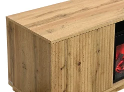 Mueble TV con 2 puertas y efecto chimenea LED en MDF - Natural y Negro - YEVINA