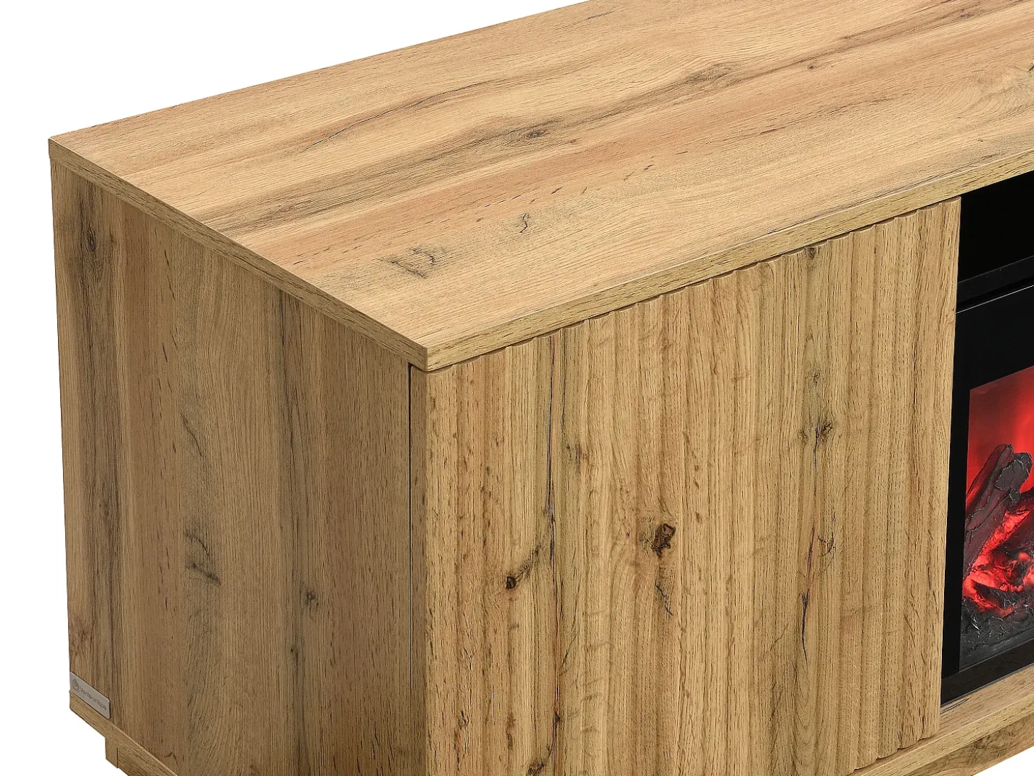 Mueble TV con 2 puertas y efecto chimenea LED en MDF - Natural y Negro - YEVINA