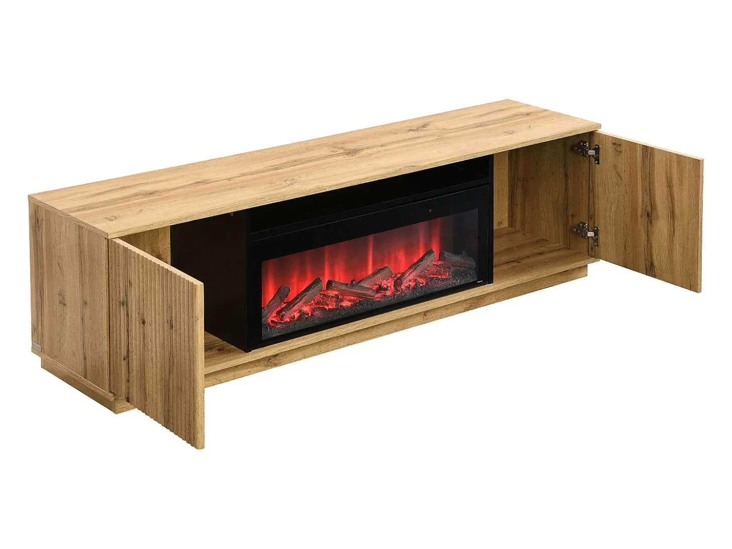 Mueble TV con 2 puertas y efecto chimenea LED en MDF - Natural y Negro - YEVINA