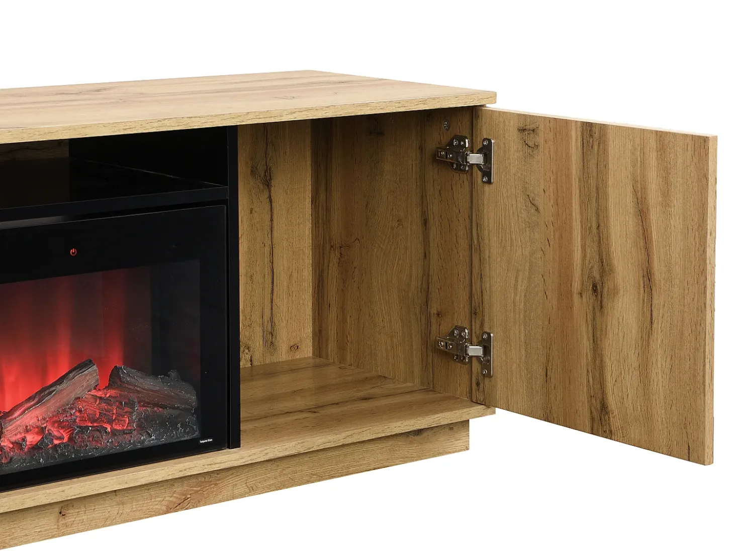 Mueble TV con 2 puertas y efecto chimenea LED en MDF - Natural y Negro - YEVINA