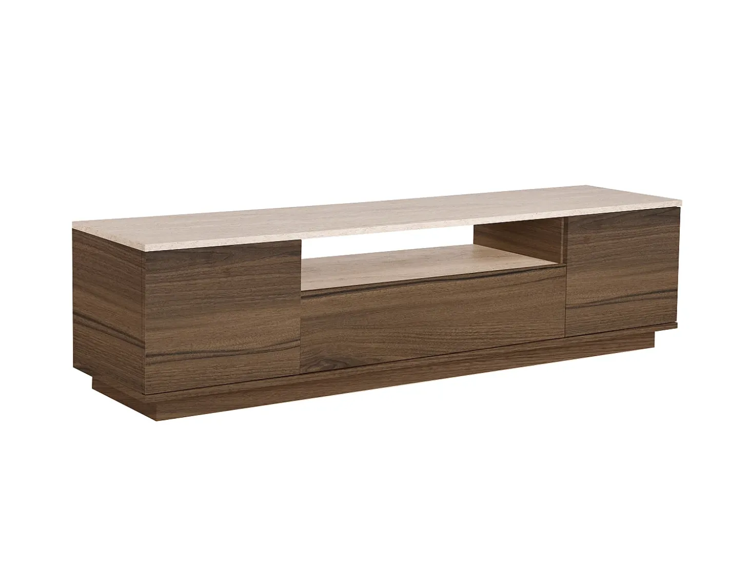Mueble TV con 3 puertas y 1 hueco - Marrón natural oscuro y efecto travertino beige - LOTULA