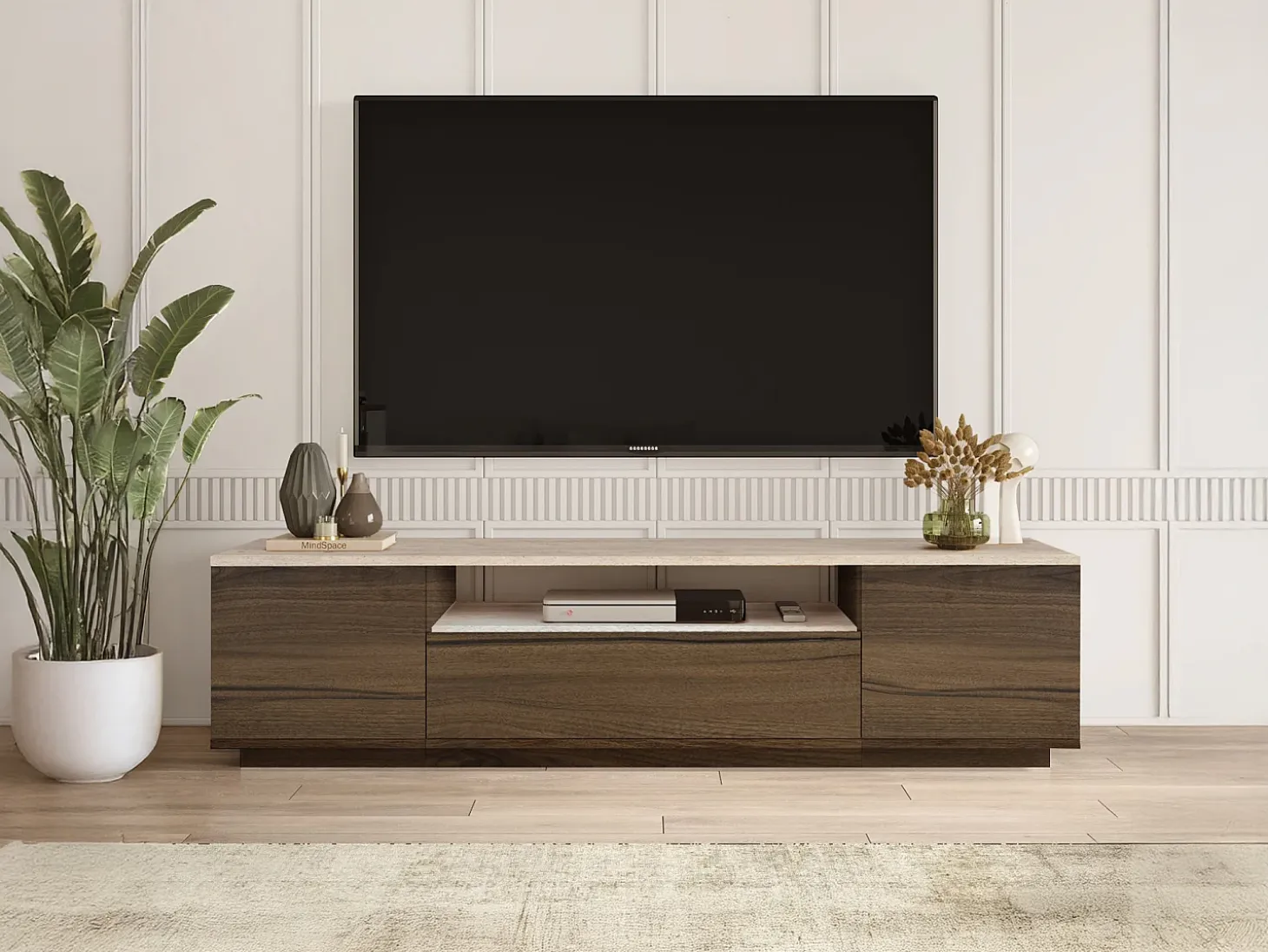 Mueble TV con 3 puertas y 1 hueco - Marrón natural oscuro y efecto travertino beige - LOTULA