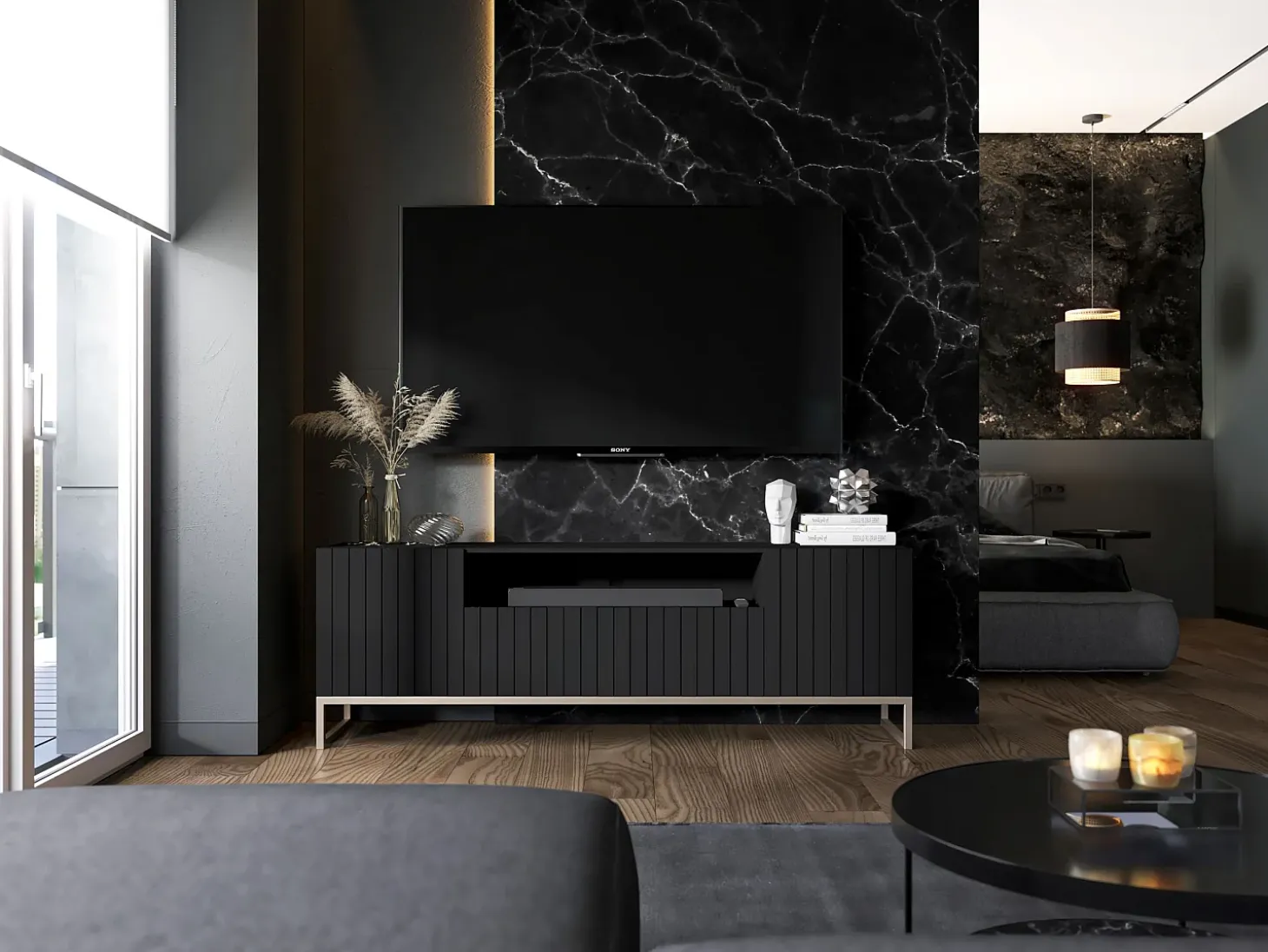 Mueble TV con 3 puertas y hueco abierto - Cuerpo Negro mate, frentes ranurados Negro mate - 150 cm, estructura metálica