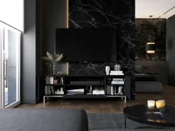 Mueble TV con 3 puertas y hueco abierto - Cuerpo Negro mate, frentes ranurados Negro mate - 150 cm, estructura metálica