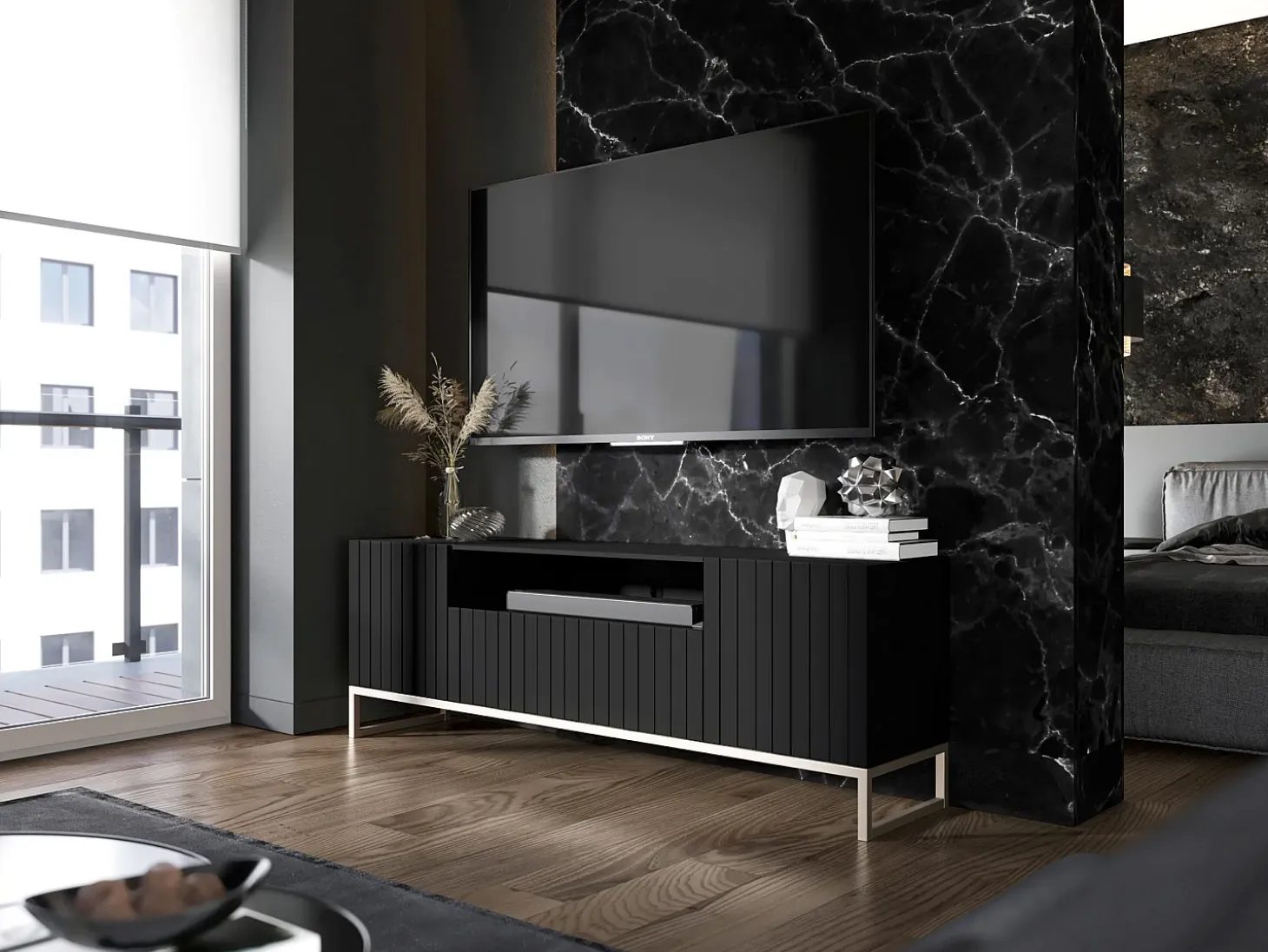 Mueble TV con 3 puertas y hueco abierto - Cuerpo Negro mate, frentes ranurados Negro mate - 150 cm, estructura metálica