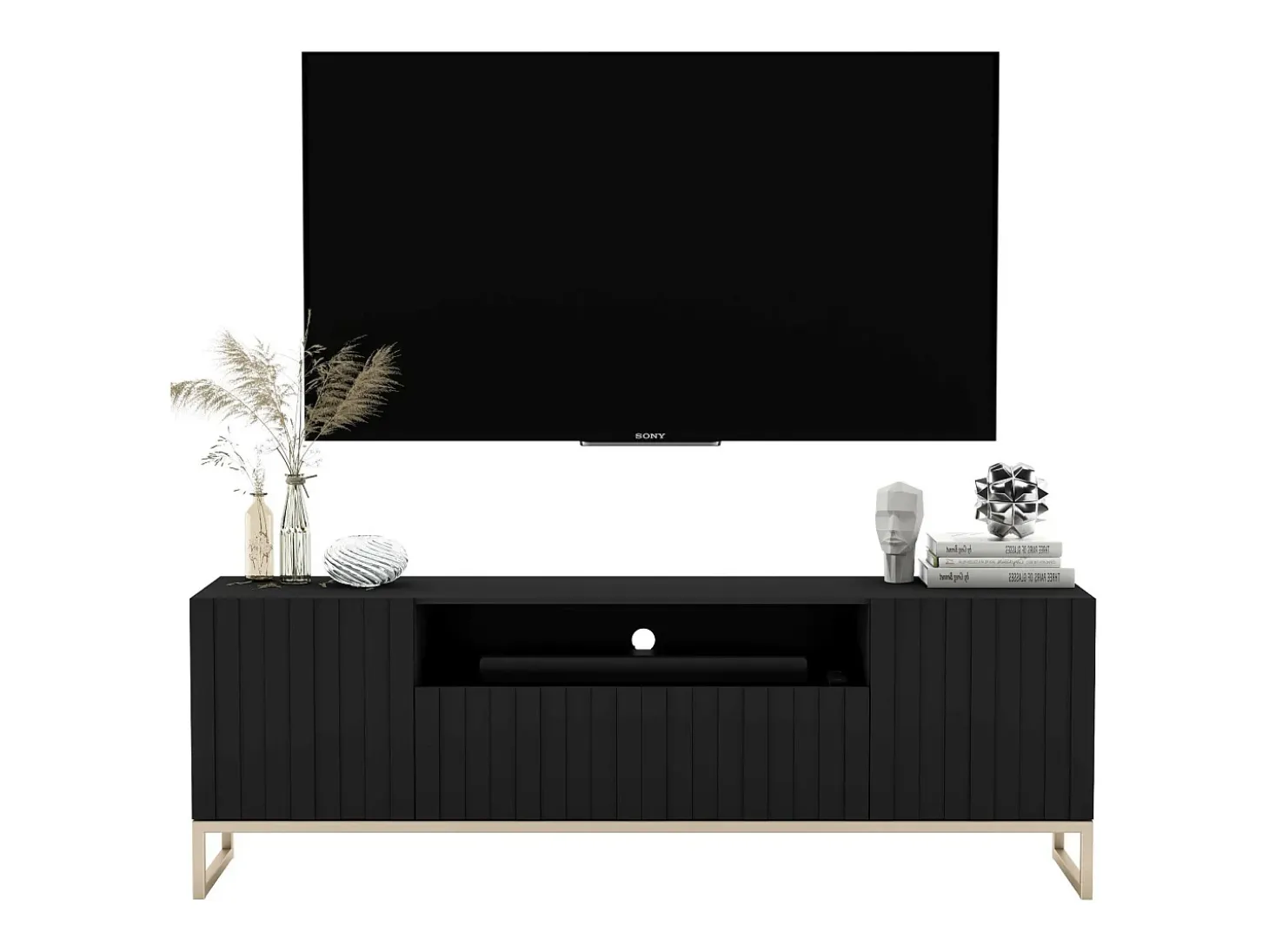 Mueble TV con 3 puertas y hueco abierto - Cuerpo Negro mate, frentes ranurados Negro mate - 150 cm, estructura metálica