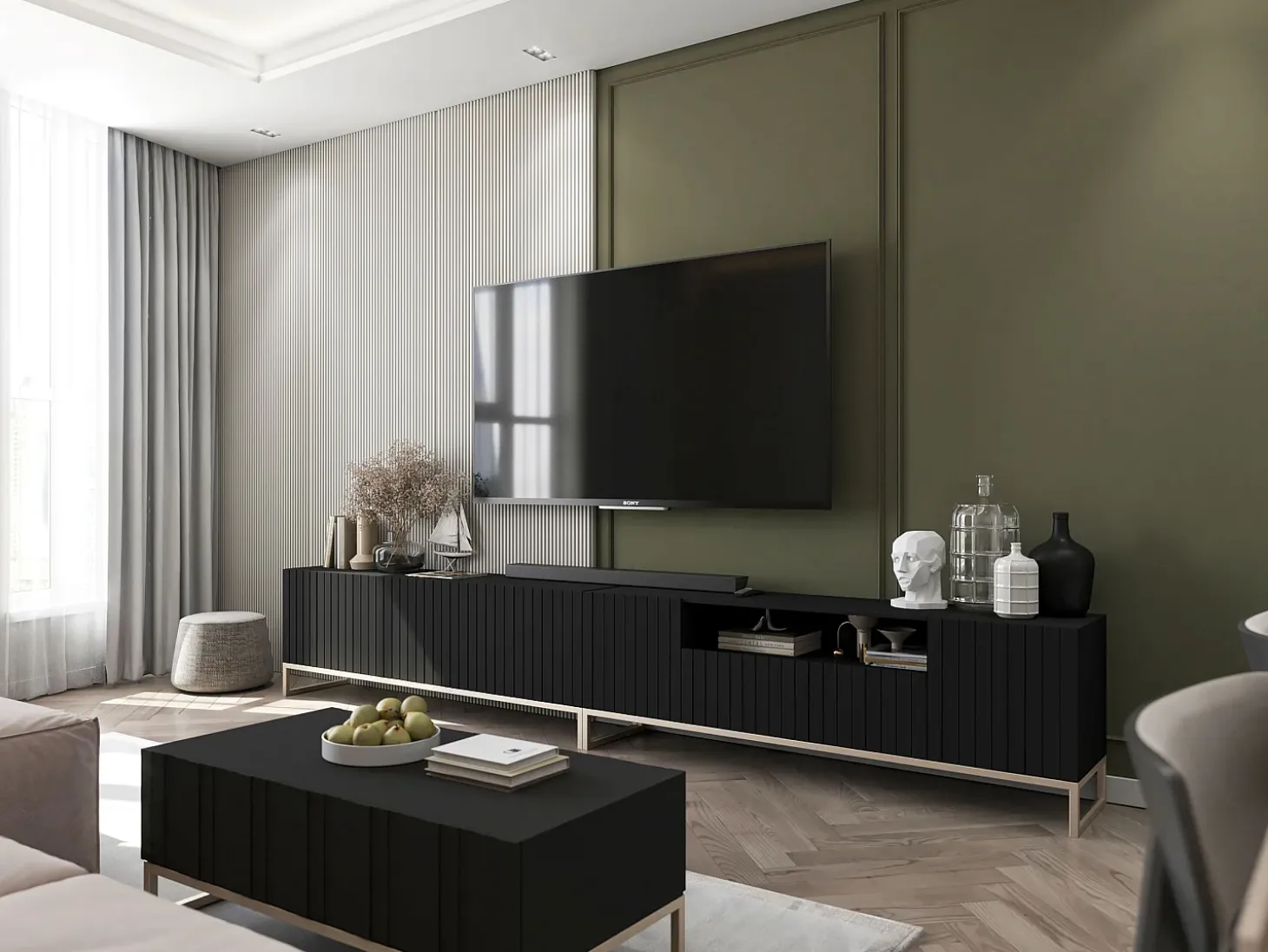 Mueble TV con 3 puertas y hueco abierto - Cuerpo Negro mate, frentes ranurados Negro mate - 150 cm, estructura metálica
