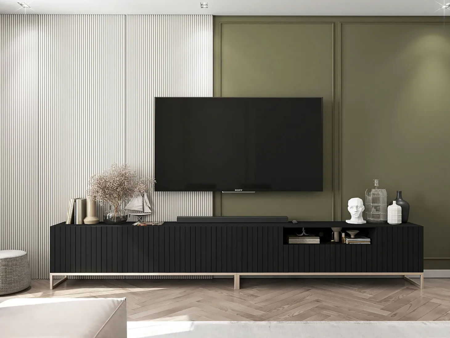 Mueble TV con 3 puertas y hueco abierto - Cuerpo Negro mate, frentes ranurados Negro mate - 150 cm, estructura metálica