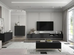Mueble TV con 3 puertas y hueco abierto - Cuerpo Negro mate, frentes ranurados Negro mate - 150 cm, estructura metálica