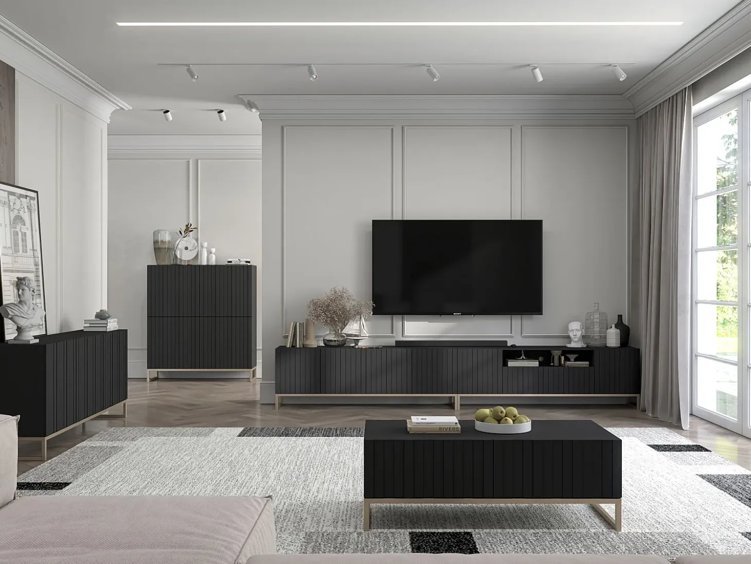 Mueble TV con 3 puertas y hueco abierto - Cuerpo Negro mate, frentes ranurados Negro mate - 150 cm, estructura metálica