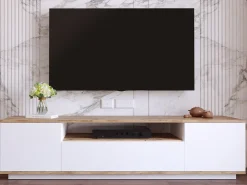 Mueble TV con 3 puertas y 1 hueco - Blanco y natural - LOTULA