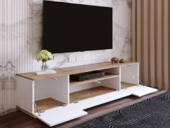 Mueble TV con 3 puertas y 1 hueco - Blanco y natural - LOTULA